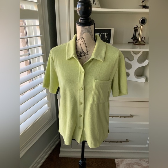 REFORMATION Fuji Button up Green Terry Shirt Short Sleeve Patch Pocket SZ Small - Picture 11 of 13